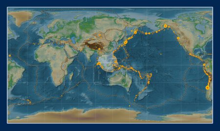 Téléchargez les photos : Plaque tectonique Sunda sur la carte physique de l'altitude dans la projection cylindrique Patterson centrée méridionale. Lieux des tremblements de terre de plus de 6,5 magnitude enregistrés depuis le début du 17ème siècle - en image libre de droit