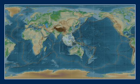 Téléchargez les photos : Plaque tectonique Sunda sur la carte physique de l'altitude dans la projection cylindrique Patterson centrée méridionale. Limites des autres plaques - en image libre de droit