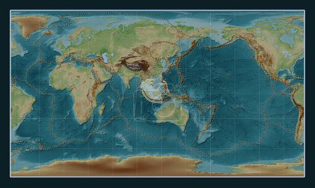 Foto de Placa tectónica de Sunda en el mapa de elevación de estilo Wiki en la proyección cilíndrica Patterson centrada meridionalmente. Distribución de volcanes conocidos - Imagen libre de derechos
