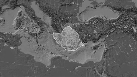 Foto de Ubicaciones de terremotos en las proximidades de la placa tectónica del Mar Egeo mayor que la magnitud 6.5 registrada desde principios del siglo XVII en el mapa de elevación bilevel en la proyección cilíndrica Patterson (oblicua) - Imagen libre de derechos