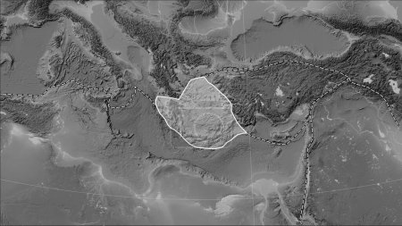 Foto de Placa tectónica del mar Egeo y los límites de las placas adyacentes en el mapa de elevación a escala de grises en la proyección cilíndrica (oblicua) de Patterson - Imagen libre de derechos