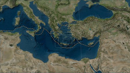 Téléchargez les photos : Limites des plaques tectoniques adjacentes à la plaque tectonique de la mer Égée sur la carte satellite Blue Marble dans la projection cylindrique (oblique) Patterson - en image libre de droit