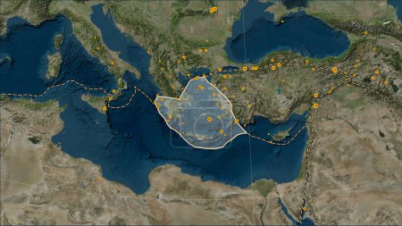 Foto de Ubicaciones de terremotos en las proximidades de la placa tectónica del Mar Egeo mayor que la magnitud 6.5 registrada desde principios del siglo XVII en el mapa satelital de mármol azul en la proyección cilíndrica Patterson (oblicua) - Imagen libre de derechos