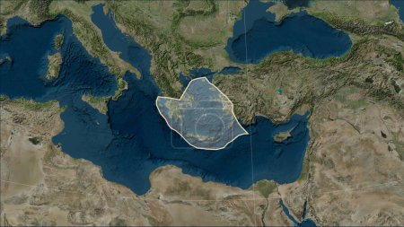 Photo for Shape of the Aegean Sea tectonic plate on the Blue Marble satellite map in the Patterson Cylindrical (oblique) projection - Royalty Free Image