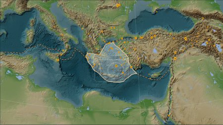 Photo for Locations of earthquakes in the vicinity of the Aegean Sea tectonic plate greater than magnitude 6.5 recorded since the early 17th century on the Wiki style elevation map in the Patterson Cylindrical (oblique) projection - Royalty Free Image