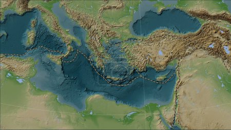 Foto de Límites de placas tectónicas adyacentes a la placa tectónica del mar Egeo en el mapa de elevación de estilo Wiki en la proyección cilíndrica Patterson (oblicua) - Imagen libre de derechos