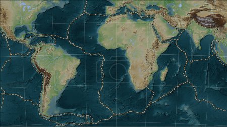 Téléchargez les photos : Limites des plaques tectoniques adjacentes à la plaque tectonique africaine sur la carte d'élévation de style Wiki dans la projection cylindrique (oblique) Patterson - en image libre de droit