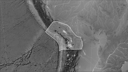 Téléchargez les photos : Distribution of known volcanoes around the Altiplano tectonic plate on the grayscale elevation map in the Patterson Cylindrical (oblique) projection - en image libre de droit