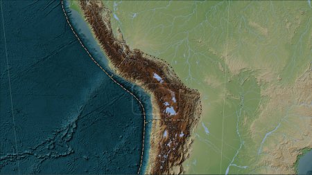 Téléchargez les photos : Limites des plaques tectoniques adjacentes à la plaque tectonique de l'Altiplano sur la carte d'élévation de style Wiki dans la projection cylindrique (oblique) Patterson - en image libre de droit