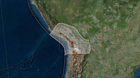 Foto de Distribución de volcanes conocidos alrededor de la placa tectónica del Altiplano en el mapa satélite de mármol azul en la proyección cilíndrica (oblicua) de Patterson - Imagen libre de derechos