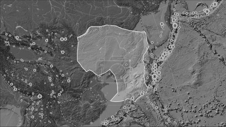 Foto de Localizaciones de terremotos en las proximidades de la placa tectónica de Amur mayores de magnitud 6.5 registradas desde principios del siglo XVII en el mapa de elevación bilevel en la proyección cilíndrica Patterson (oblicua) - Imagen libre de derechos