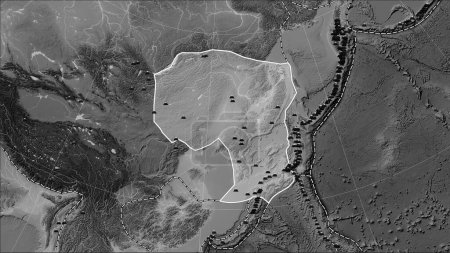 Téléchargez les photos : Distribution of known volcanoes around the Amur tectonic plate on the grayscale elevation map in the Patterson Cylindrical (oblique) projection - en image libre de droit