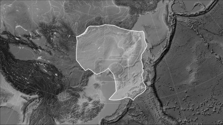 Foto de Forma de la placa tectónica Amur en el mapa de elevación a escala de grises en la proyección cilíndrica Patterson (oblicua) - Imagen libre de derechos
