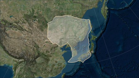 Téléchargez les photos : Forme de la plaque tectonique Amour sur la carte satellite Blue Marble dans la projection cylindrique (oblique) Patterson - en image libre de droit