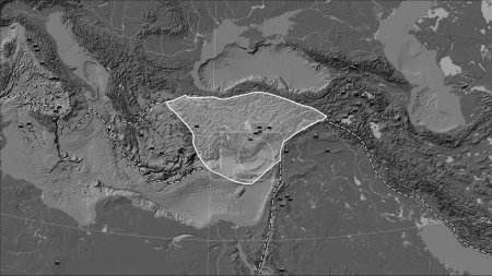 Foto de Distribución de volcanes conocidos alrededor de la placa tectónica de Anatolia en el mapa de elevación bilevel en la proyección cilíndrica (oblicua) de Patterson - Imagen libre de derechos