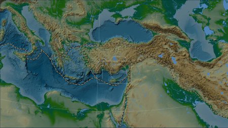 Foto de Límites de placas tectónicas adyacentes a la placa tectónica de Anatolia en el mapa de elevación física en la proyección cilíndrica (oblicua) de Patterson - Imagen libre de derechos