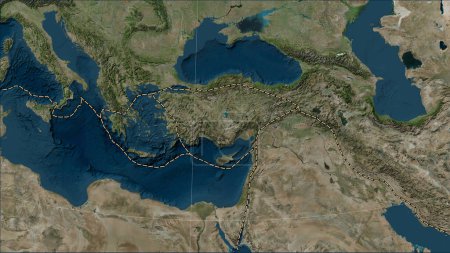 Foto de Límites de placas tectónicas adyacentes a la placa tectónica de Anatolia en el mapa satelital de mármol azul en la proyección cilíndrica (oblicua) de Patterson - Imagen libre de derechos