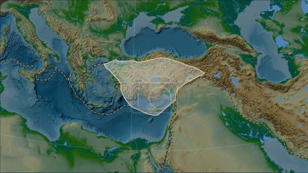 Photo for Anatolian tectonic plate and the boundaries of adjacent plates on the physical elevation map in the Patterson Cylindrical (oblique) projection - Royalty Free Image
