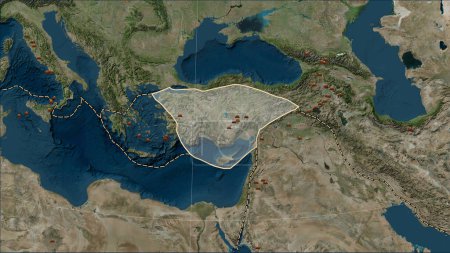 Foto de Distribución de volcanes conocidos alrededor de la placa tectónica de Anatolia en el mapa satélite de mármol azul en la proyección cilíndrica (oblicua) de Patterson - Imagen libre de derechos