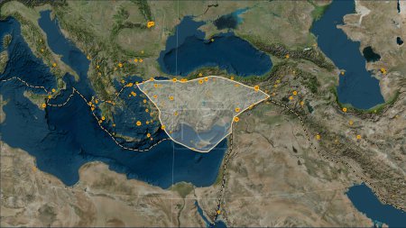 Foto de Localizaciones de terremotos en las proximidades de la placa tectónica de Anatolia mayores de magnitud 6.5 registradas desde principios del siglo XVII en el mapa satelital de mármol azul en la proyección cilíndrica Patterson (oblicua) - Imagen libre de derechos