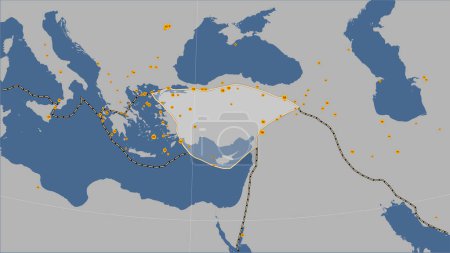 Foto de Localizaciones de terremotos en las proximidades de la placa tectónica de Anatolia mayores de magnitud 6.5 registradas desde principios del siglo XVII en el mapa de contorno sólido en la proyección cilíndrica (oblicua) de Patterson - Imagen libre de derechos