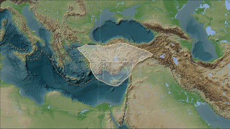 Photo for Anatolian tectonic plate and the boundaries of adjacent plates on the Wiki style elevation map in the Patterson Cylindrical (oblique) projection - Royalty Free Image