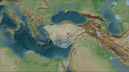 Foto de Distribución de volcanes conocidos alrededor de la placa tectónica de Anatolia en el mapa de elevación de estilo Wiki en la proyección cilíndrica (oblicua) de Patterson - Imagen libre de derechos