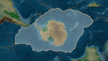 Téléchargez les photos : Plaque tectonique antarctique et limites des plaques adjacentes sur la carte physique de l'altitude dans la projection cylindrique (oblique) Patterson - en image libre de droit
