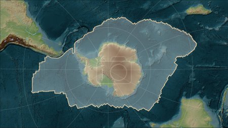 Téléchargez les photos : Forme de la plaque tectonique antarctique sur la carte d'élévation de style Wiki dans la projection cylindrique (oblique) Patterson - en image libre de droit