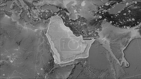 Photo for Locations of earthquakes in the vicinity of the Arabian tectonic plate greater than magnitude 6.5 recorded since the early 17th century on the grayscale elevation map in the Patterson Cylindrical (oblique) projection - Royalty Free Image