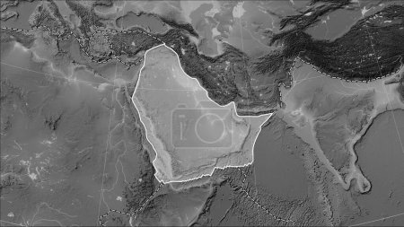 Photo for Arabian tectonic plate and the boundaries of adjacent plates on the grayscale elevation map in the Patterson Cylindrical (oblique) projection - Royalty Free Image