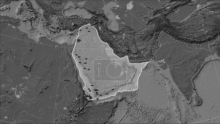 Photo for Distribution of known volcanoes around the Arabian tectonic plate on the bilevel elevation map in the Patterson Cylindrical (oblique) projection - Royalty Free Image