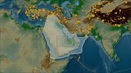 Photo for Locations of earthquakes in the vicinity of the Arabian tectonic plate greater than magnitude 6.5 recorded since the early 17th century on the physical elevation map in the Patterson Cylindrical (oblique) projection - Royalty Free Image