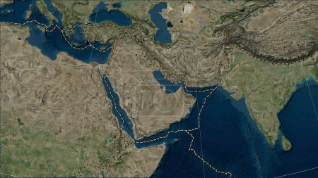Photo for Tectonic plate boundaries adjacent to the Arabian tectonic plate on the Blue Marble satellite map in the Patterson Cylindrical (oblique) projection - Royalty Free Image