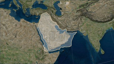 Photo for Shape of the Arabian tectonic plate on the Blue Marble satellite map in the Patterson Cylindrical (oblique) projection - Royalty Free Image