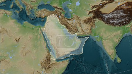 Photo for Shape of the Arabian tectonic plate on the Wiki style elevation map in the Patterson Cylindrical (oblique) projection - Royalty Free Image