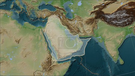 Photo for Arabian tectonic plate and the boundaries of adjacent plates on the Wiki style elevation map in the Patterson Cylindrical (oblique) projection - Royalty Free Image