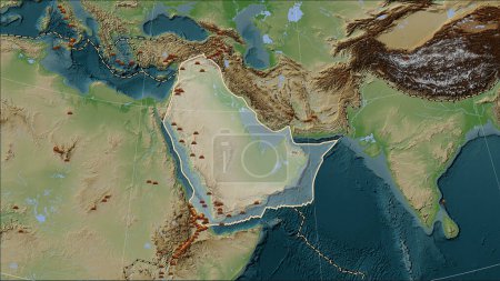 Photo for Distribution of known volcanoes around the Arabian tectonic plate on the Wiki style elevation map in the Patterson Cylindrical (oblique) projection - Royalty Free Image