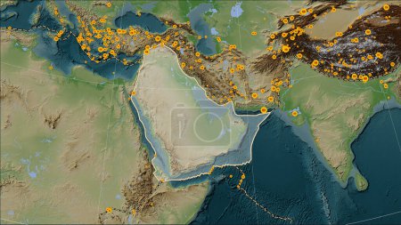 Photo for Locations of earthquakes in the vicinity of the Arabian tectonic plate greater than magnitude 6.5 recorded since the early 17th century on the Wiki style elevation map in the Patterson Cylindrical (oblique) projection - Royalty Free Image