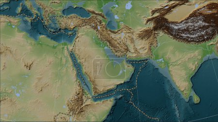 Photo for Tectonic plate boundaries adjacent to the Arabian tectonic plate on the Wiki style elevation map in the Patterson Cylindrical (oblique) projection - Royalty Free Image