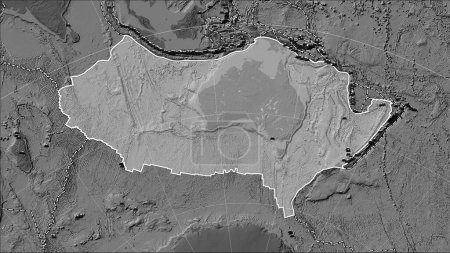Téléchargez les photos : Distribution of known volcanoes around the Australian tectonic plate on the bilevel elevation map in the Patterson Cylindrical (oblique) projection - en image libre de droit