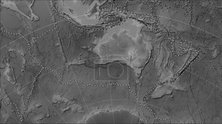 Téléchargez les photos : Limites des plaques tectoniques adjacentes à la plaque tectonique australienne sur la carte d'élévation en niveaux de gris dans la projection cylindrique (oblique) Patterson - en image libre de droit