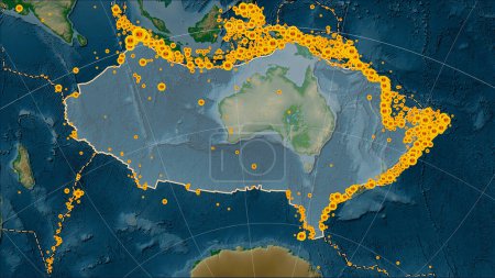 Téléchargez les photos : Emplacements des tremblements de terre à proximité de la plaque tectonique australienne de plus de magnitude 6,5 enregistrés depuis le début du XVIIe siècle sur la carte physique de l'altitude dans la projection cylindrique (oblique) de Patterson - en image libre de droit