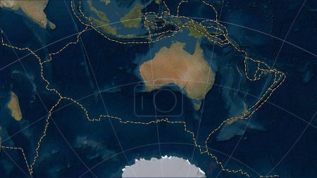 Téléchargez les photos : Limites des plaques tectoniques adjacentes à la plaque tectonique australienne sur la carte satellite Blue Marble dans la projection cylindrique (oblique) Patterson - en image libre de droit