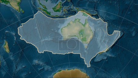 Foto de Forma de la placa tectónica australiana en el mapa de elevación física en la proyección cilíndrica Patterson (oblicua) - Imagen libre de derechos