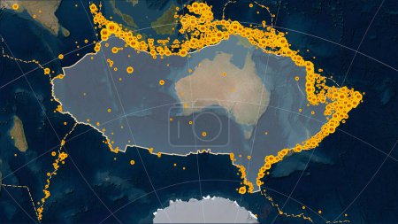 Téléchargez les photos : Emplacements des tremblements de terre à proximité de la plaque tectonique australienne plus grande que la magnitude 6,5 enregistrée depuis le début du 17ème siècle sur la carte satellite Blue Marble dans la projection cylindrique Patterson (oblique) - en image libre de droit