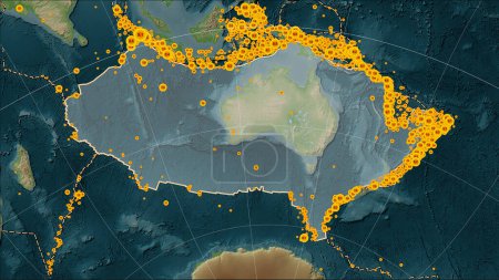 Foto de Ubicaciones de terremotos en las proximidades de la placa tectónica australiana de mayor magnitud 6.5 registradas desde principios del siglo XVII en el mapa de elevación de estilo Wiki en la proyección cilíndrica (oblicua) de Patterson - Imagen libre de derechos