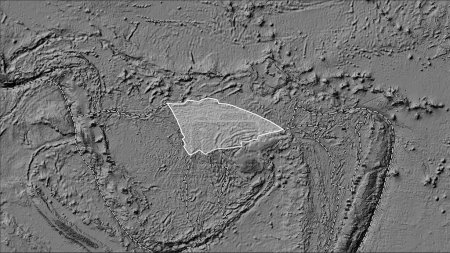 Foto de Distribución de volcanes conocidos alrededor de la placa tectónica del Arrecife Balmoral en el mapa de elevación bilevel en la proyección cilíndrica (oblicua) de Patterson - Imagen libre de derechos