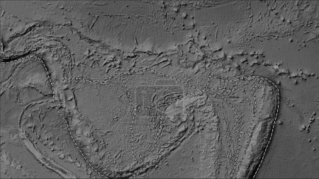 Téléchargez les photos : Limites des plaques tectoniques adjacentes à la plaque tectonique du récif Balmoral sur la carte d'élévation en niveaux de gris dans la projection cylindrique (oblique) Patterson - en image libre de droit