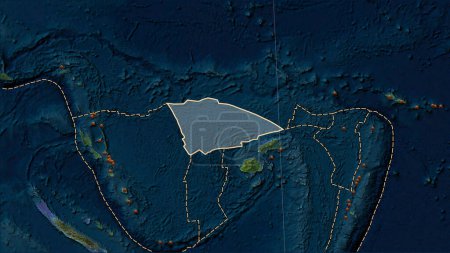 Téléchargez les photos : Distribution of known volcanoes around the Balmoral Reef tectonic plate on the Blue Marble satellite map in the Patterson Cylindrical (oblique) projection - en image libre de droit